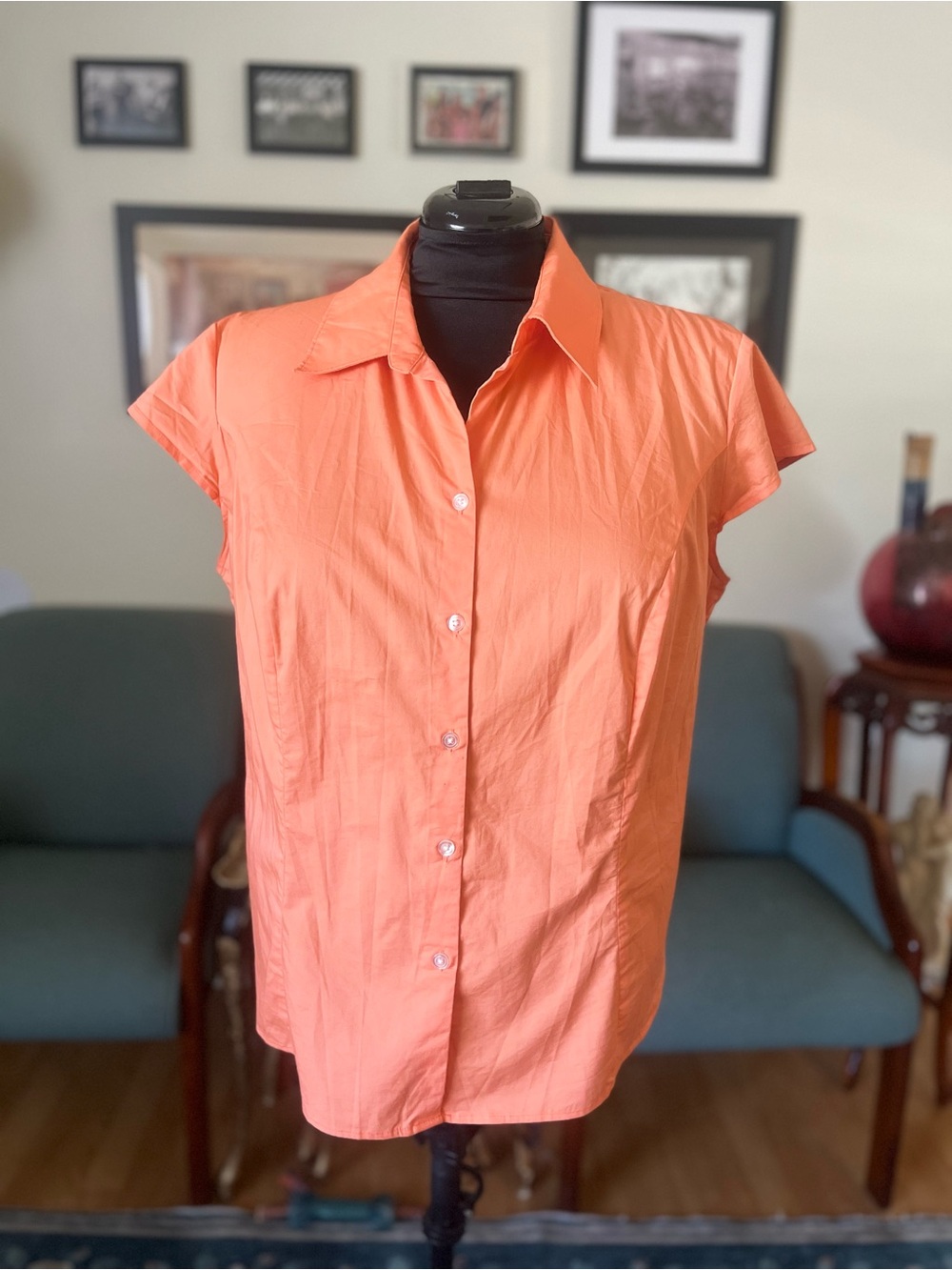 George Coral Button-Down Cap-Sleeve Shirt